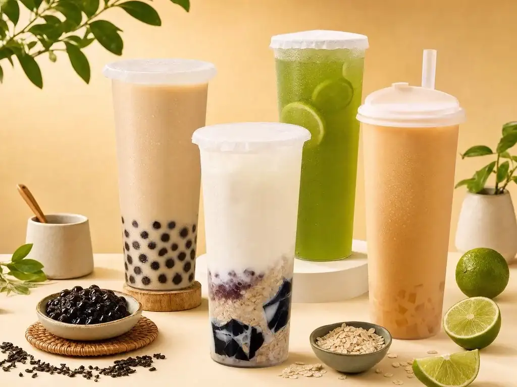 Four separate drink photos combined by MenuFactory into one styled group shot